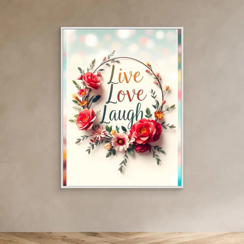 A framed inspirational artwork featuring ’Live Love Laugh’ text surrounded by pink roses and floral elements.