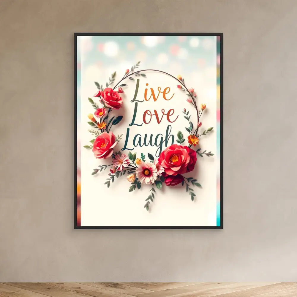 Framed inspirational artwork featuring ’Live Love Laugh’ text surrounded by pink roses and floral elements.