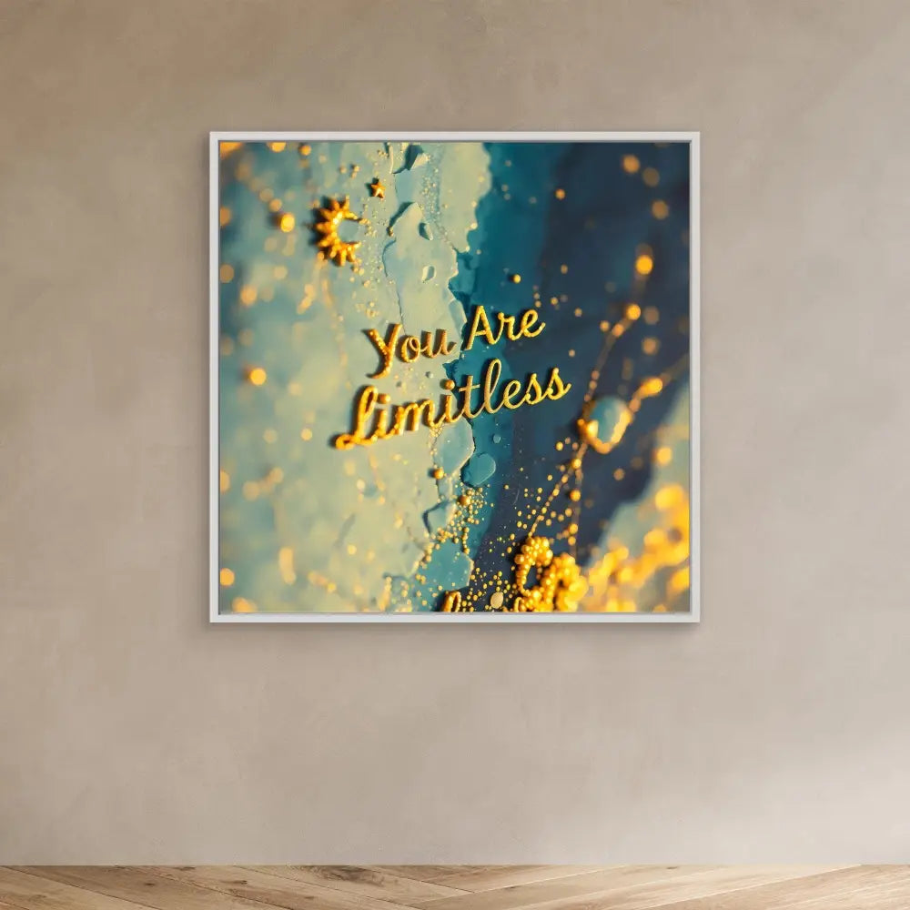 Framed inspirational wall art featuring golden text ’You Are Limitless’ against a dreamy blue sky with sunflower accents.