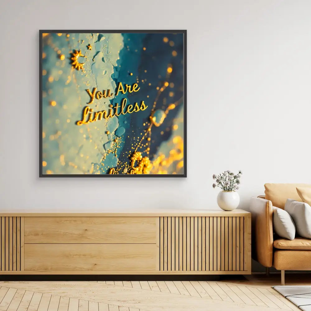 Framed inspirational wall art featuring the text ’You Are Limitless’ with sunflower and bokeh elements.