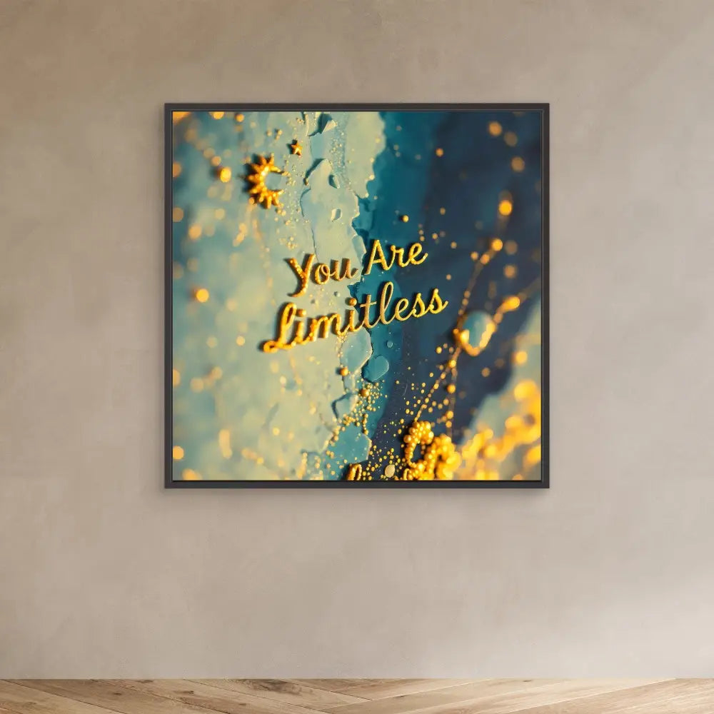 Framed inspirational wall art featuring the text ’You Are Limitless’ on a dreamy blue and gold background.