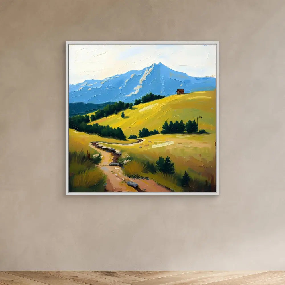 A framed landscape painting depicting a winding dirt road through golden hills toward blue mountains.