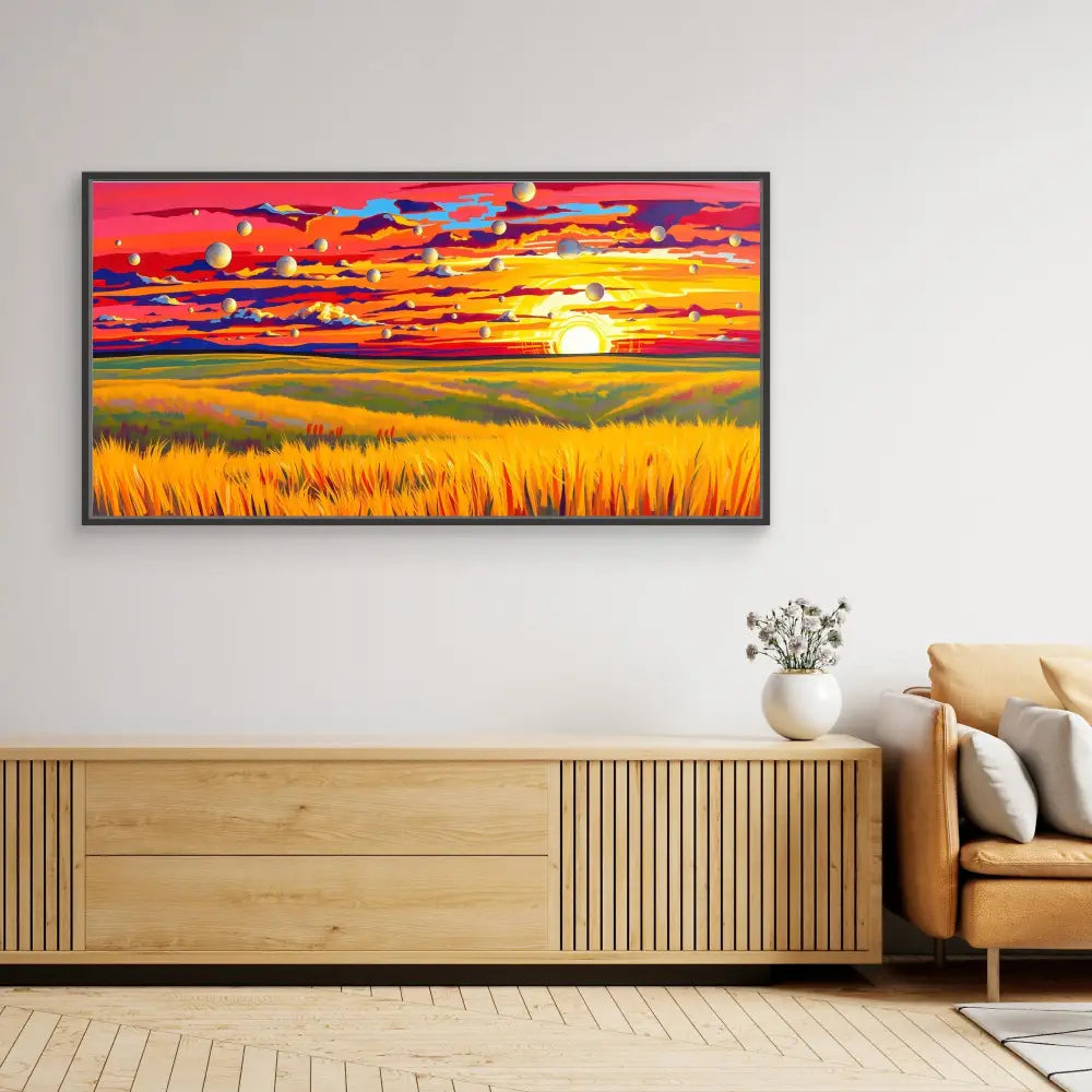 Framed landscape painting featuring a golden wheat field beneath a vibrant red and orange sunset sky.