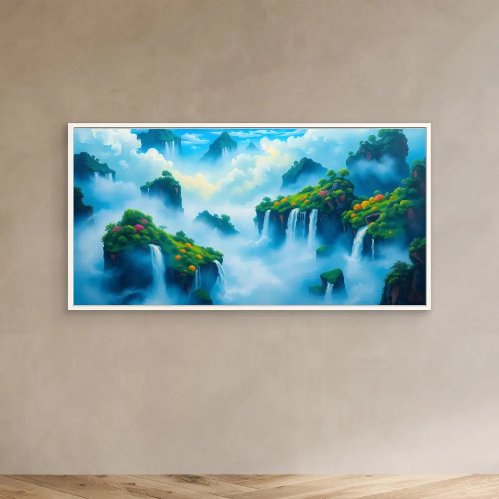 Framed landscape painting of misty waterfalls and mountains with lush greenery.