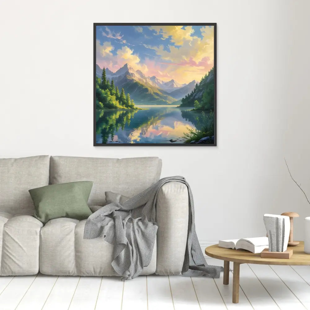 Framed landscape painting of a mountain lake with sunset-colored clouds reflected in calm waters.