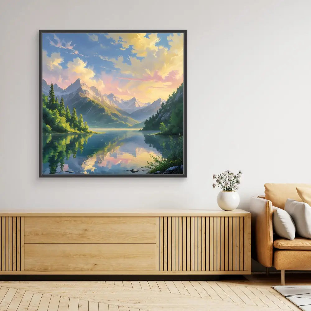 A framed landscape painting depicting a mountain lake with evergreen trees and a colorful sunset sky.