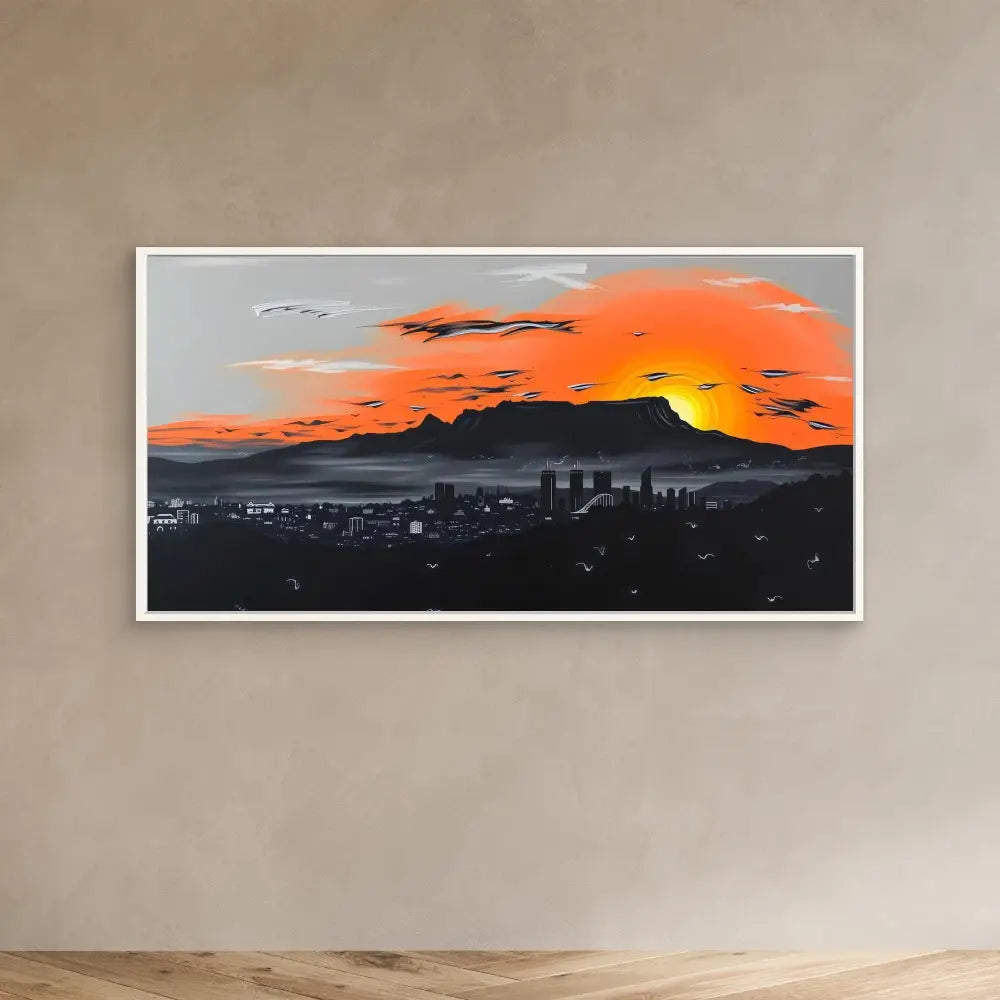 A framed landscape painting depicting a mountain silhouette against an orange sunset sky.