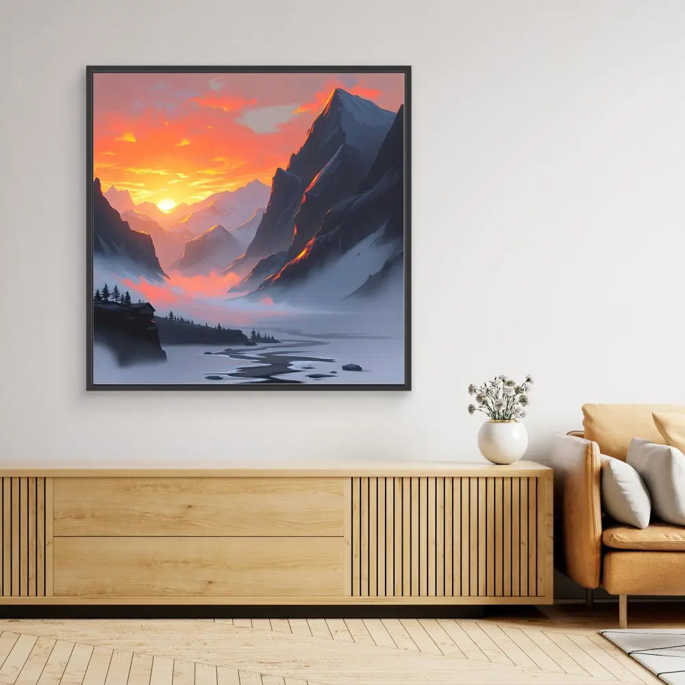 A framed landscape painting depicting a mountain sunset with misty valleys and a winding river.