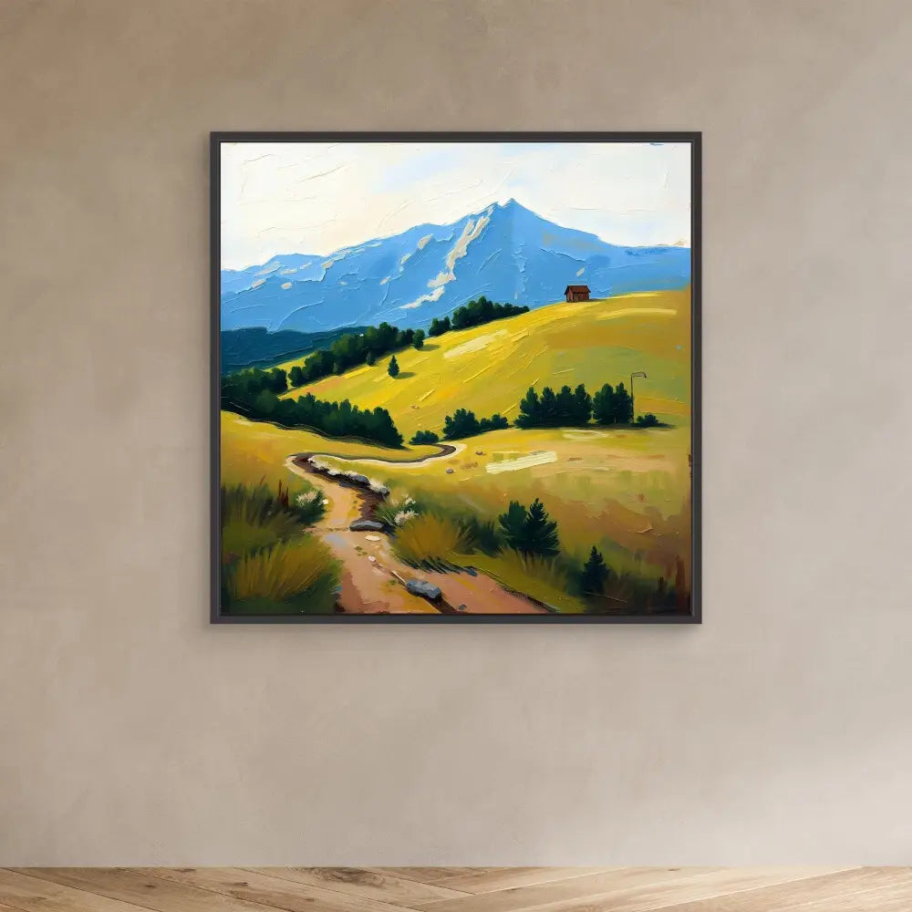 A framed landscape painting depicting a mountain trail through golden hills.