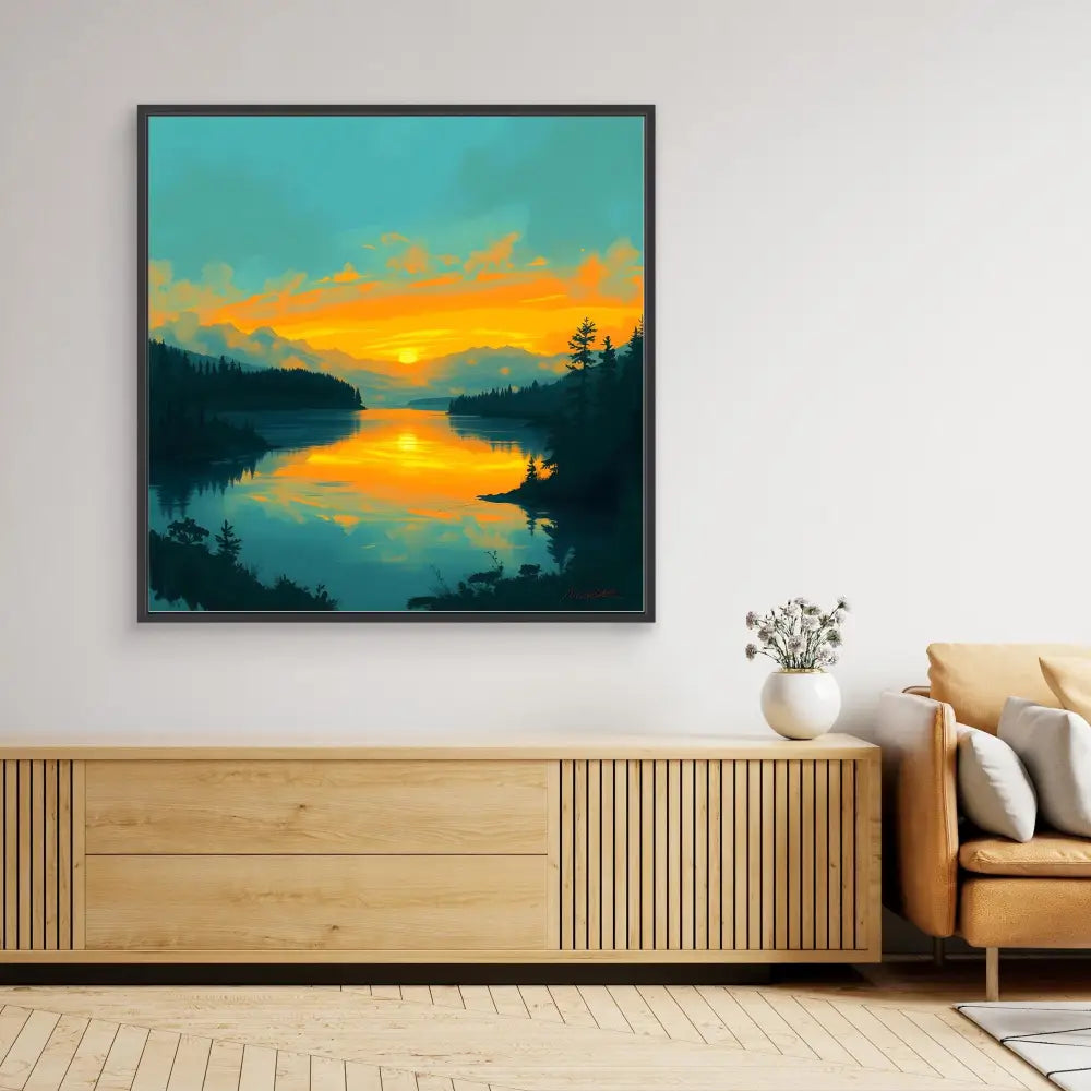 A framed landscape painting depicting a sunset reflected on calm waters between forested shores.