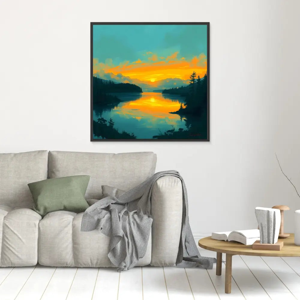 A framed landscape painting depicting a sunset reflected on calm waters between forested shores.