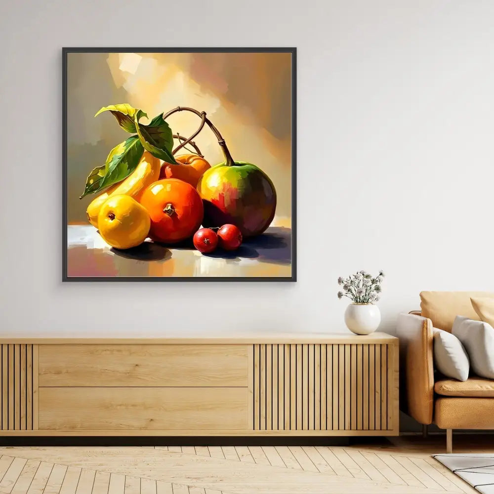 A framed still life painting of citrus fruits and cherries.