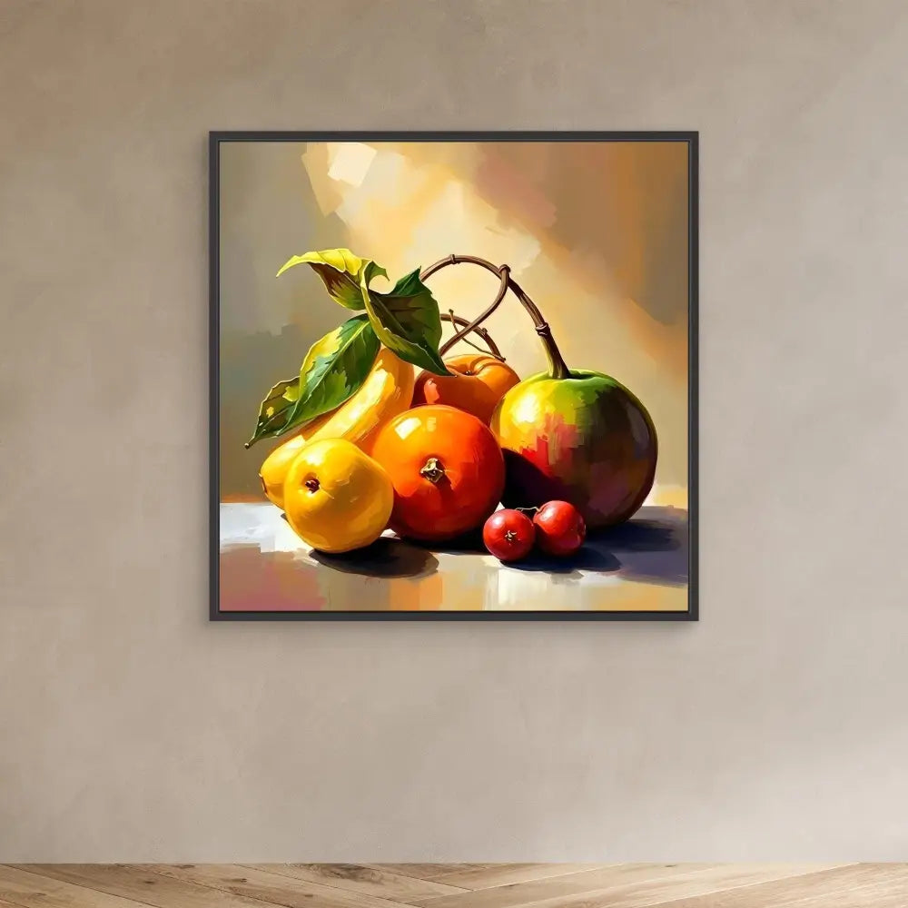 A framed still life painting of fresh fruits including lemons, oranges, apples and cherries.