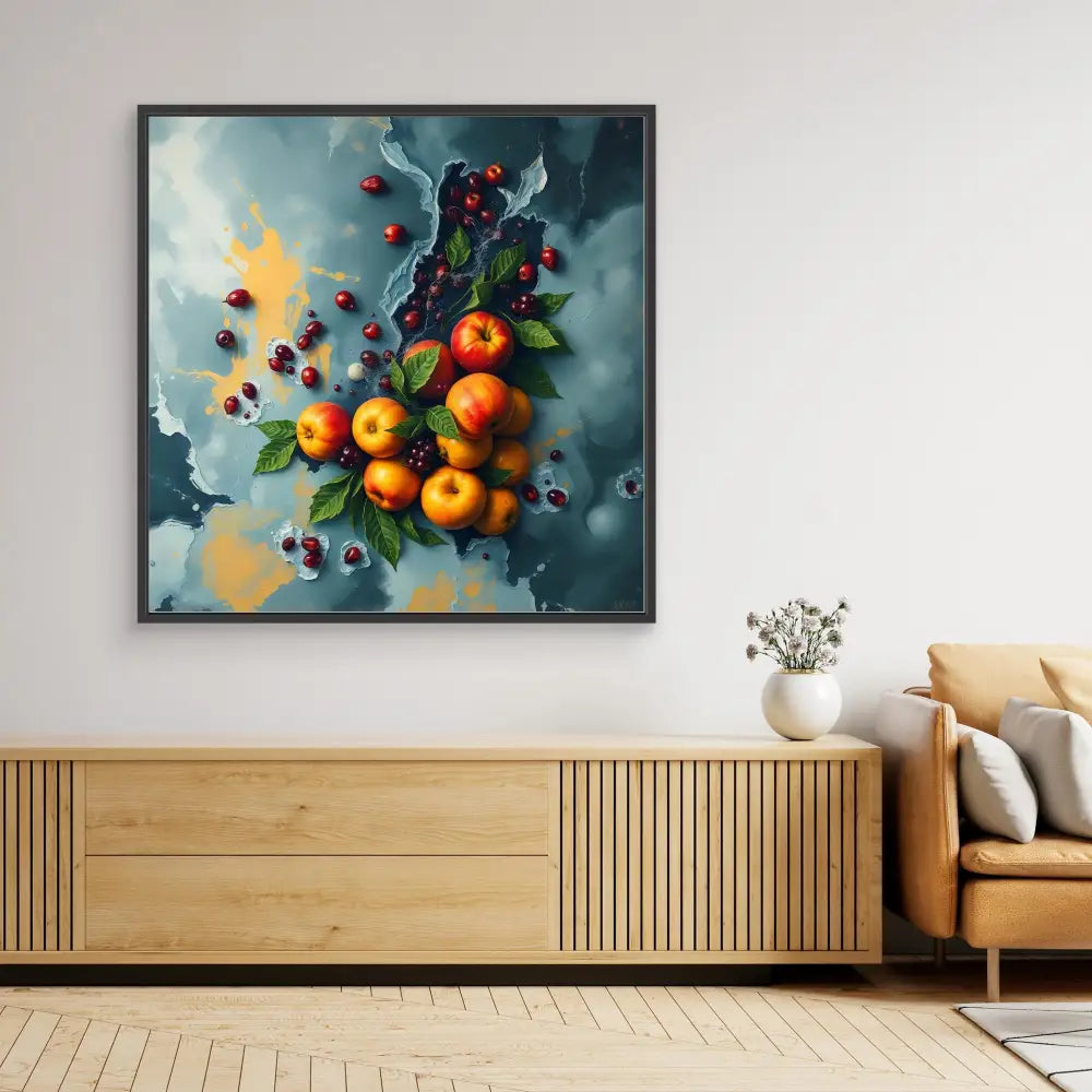 A framed still life painting of oranges, blueberries and flowers against a moody backdrop.