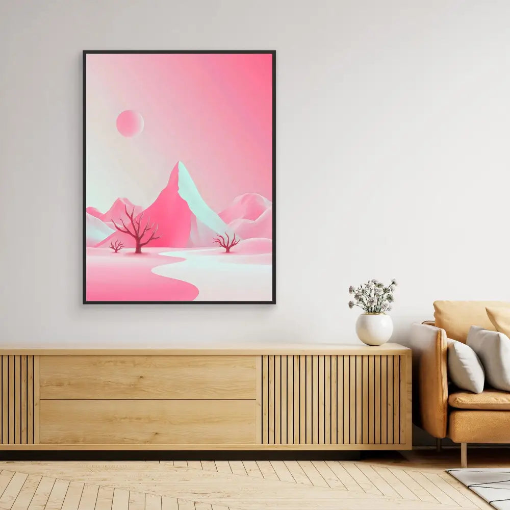 Framed minimalist artwork featuring pink mountains and trees against a rosy sky.