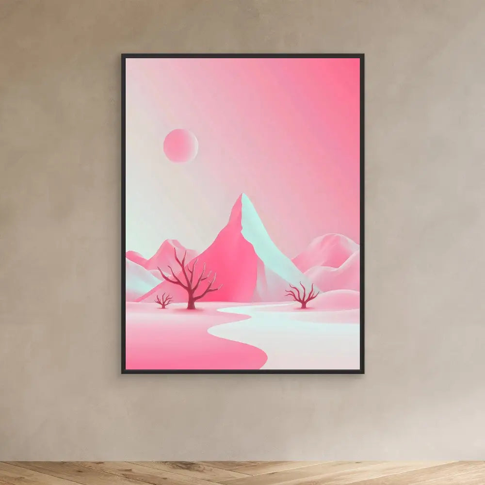 A framed minimalist artwork depicting a pink winter landscape with bare trees and mountains.