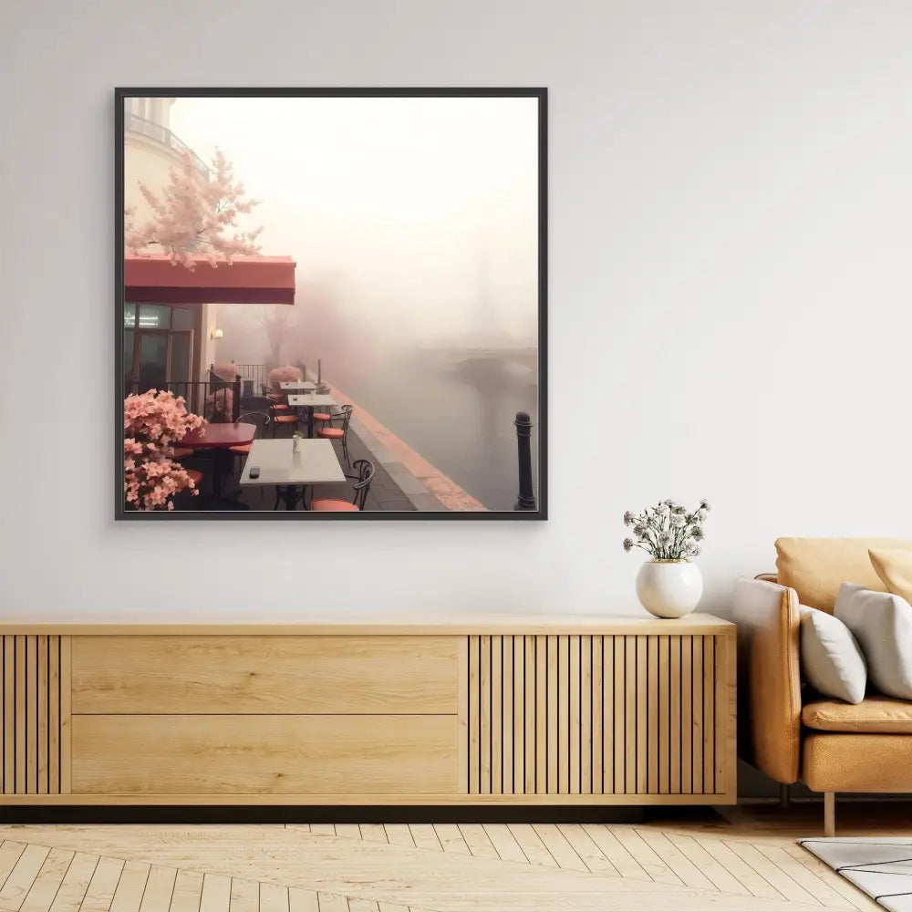 A framed misty photograph of an outdoor café terrace.