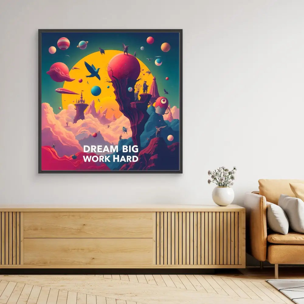 A framed motivational artwork featuring colorful fantasy elements and text reading ’DREAM BIG WORK HARD’