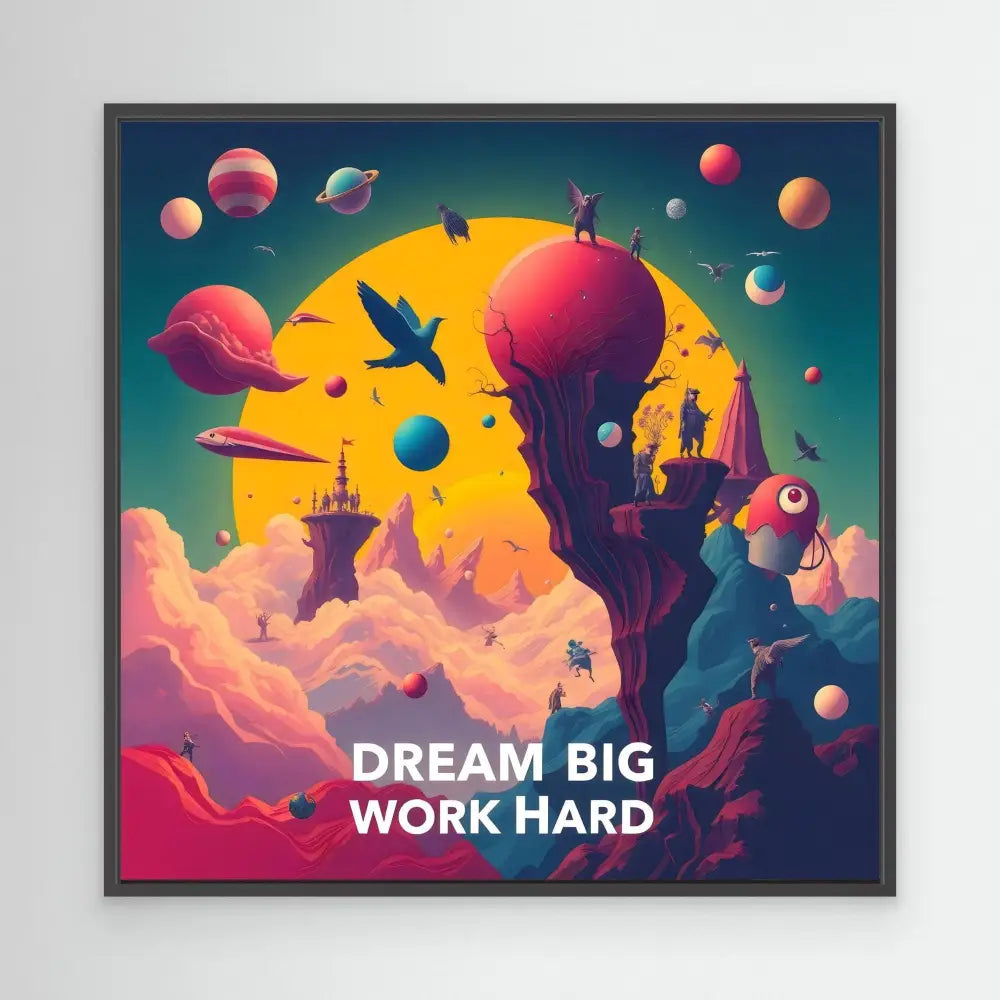 A framed motivational artwork featuring floating fantasy islands against a sunset with the text ’DREAM BIG WORK HARD’