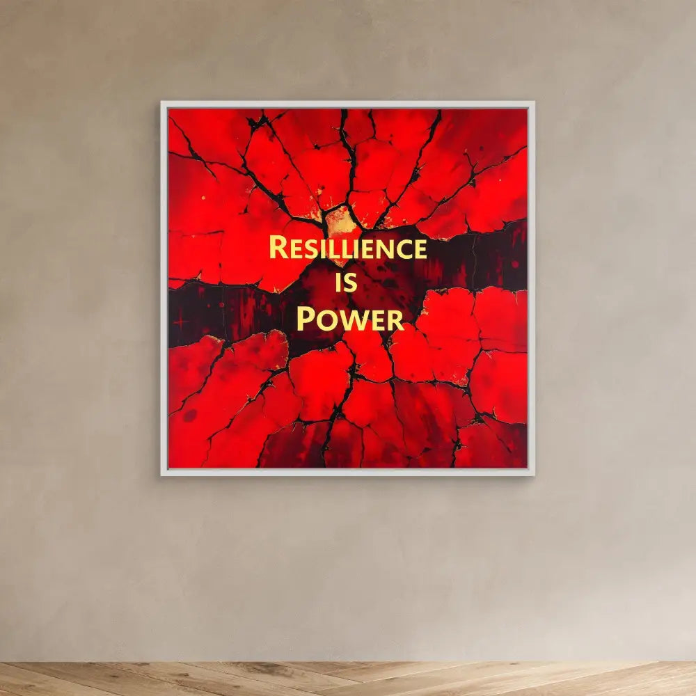 A framed motivational artwork featuring gold text ’RESILIENCE IS POWER’ on a cracked red background.