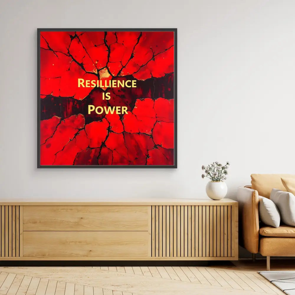 Framed motivational artwork featuring gold text ’RESILIENCE IS POWER’ on a cracked red background.