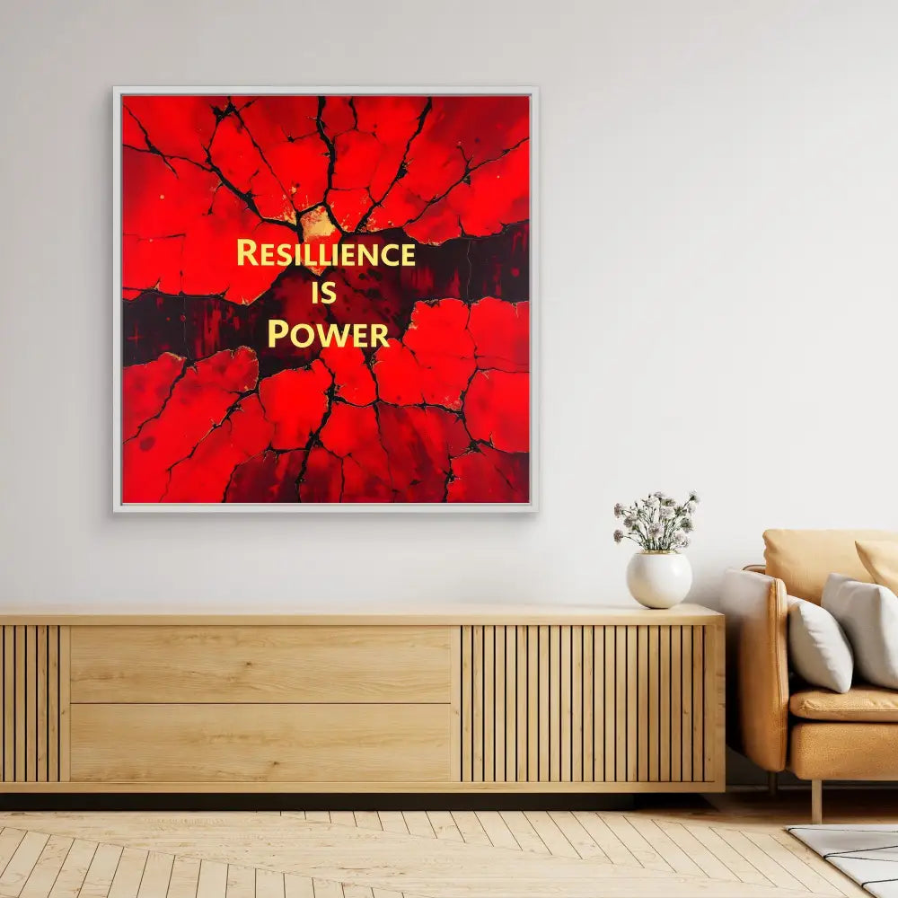 A framed motivational artwork featuring ’RESILIENCE IS POWER’ text on a cracked red background.