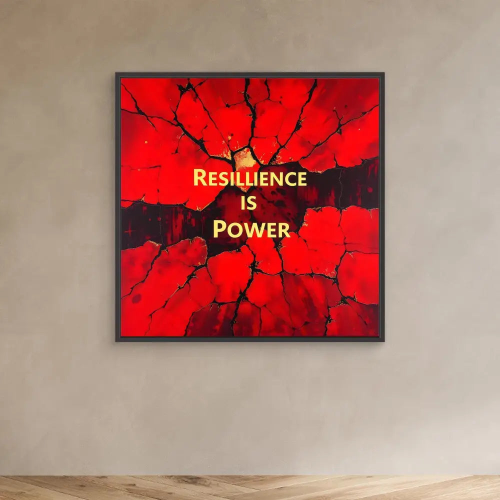 Framed motivational artwork featuring ’RESILIENCE IS POWER’ text on a cracked red background.