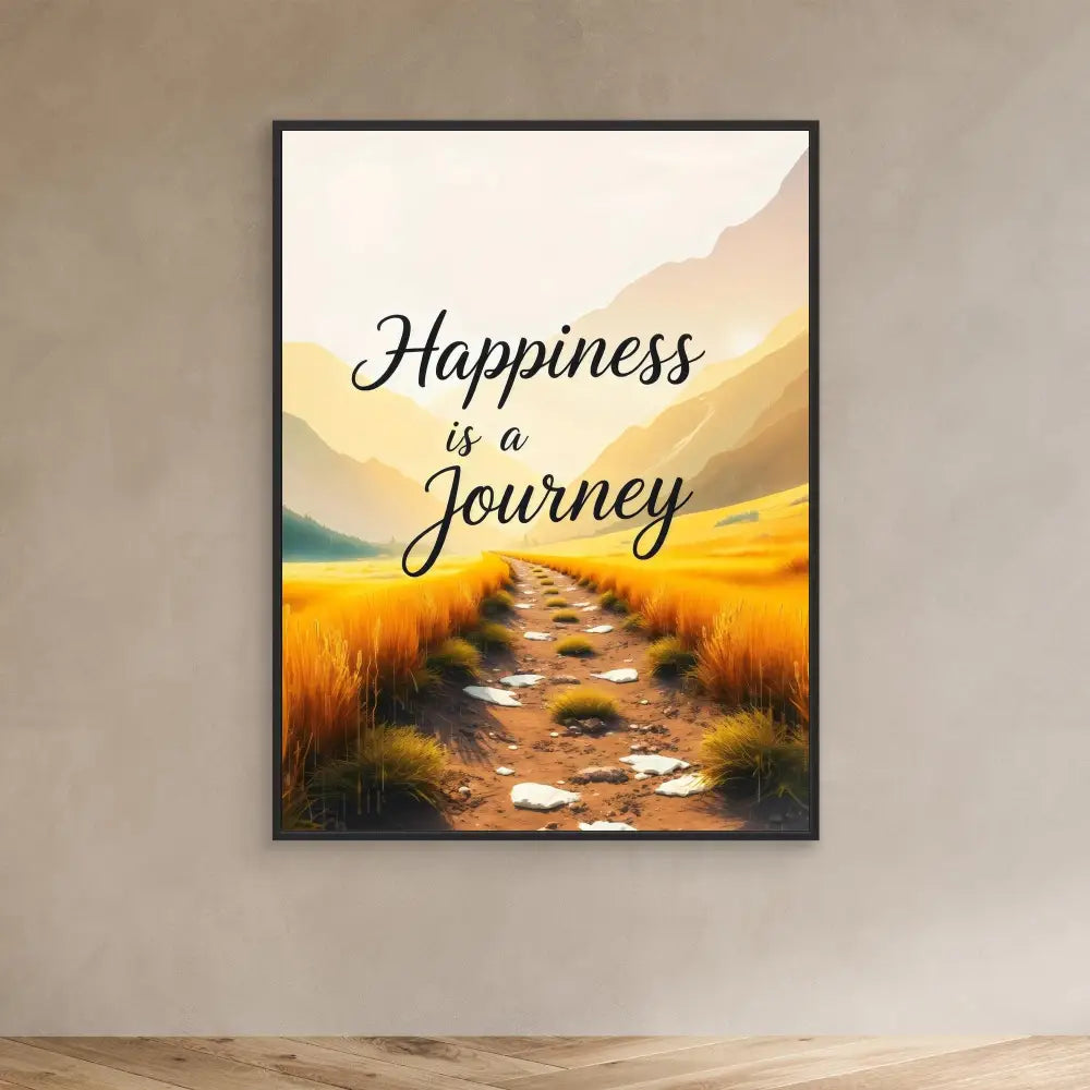 A framed motivational artwork featuring the text ’Happiness is a Journey’ over a painted path through golden fields.