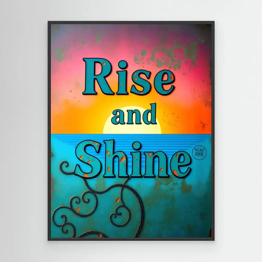 A framed motivational artwork featuring the text ’Rise and Shine’ in blue letters against a colorful gradient background.