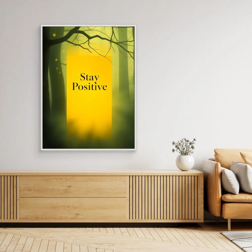 A framed motivational poster with ’Stay Positive’ text against a yellow and green forest backdrop.