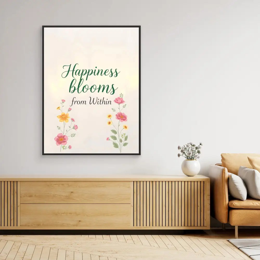 A framed motivational print featuring the text ’Happiness blooms from Within’ with watercolor flowers.