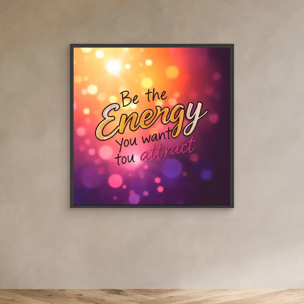 A framed motivational quote reading ’Be the Energy you want to attract’ on a colorful bokeh background.