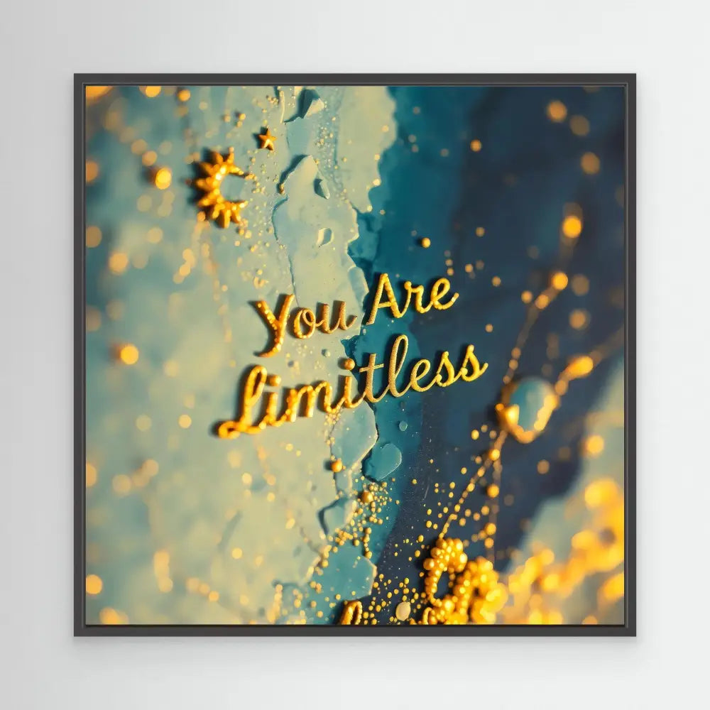 A framed motivational quote reading ’You Are Limitless’ with golden text against a dreamy turquoise backdrop.