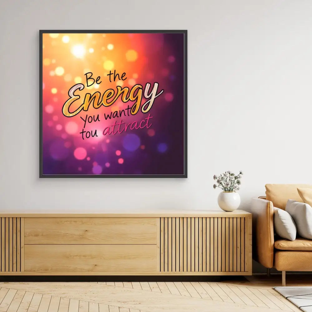 Framed motivational wall art displaying ’Be the Energy you want to attract’ against a bokeh background in warm purple and orange tones.