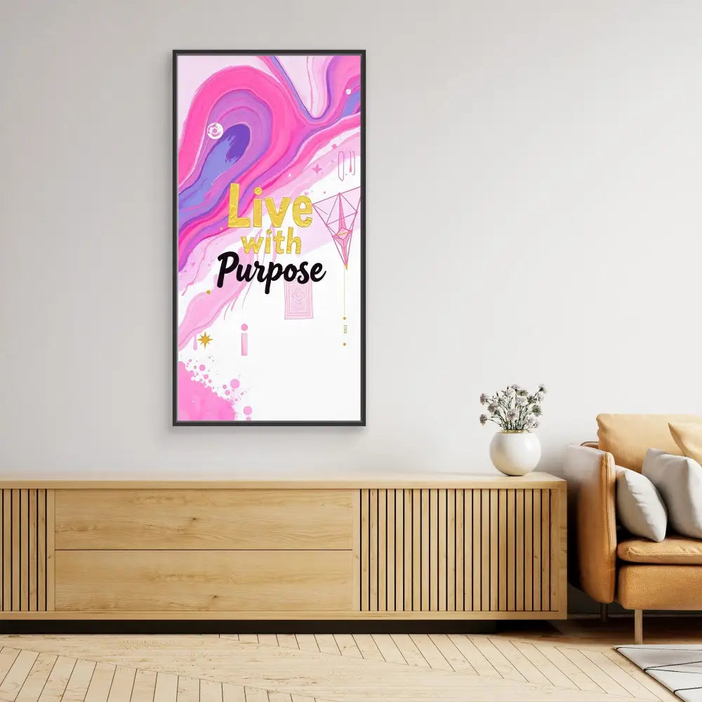 Framed motivational wall art with swirling pink and purple marble patterns displaying ’Live with Purpose’ text.