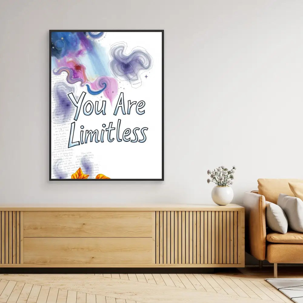 A framed motivational wall art print featuring watercolor swirls and the text ’You Are Limitless’