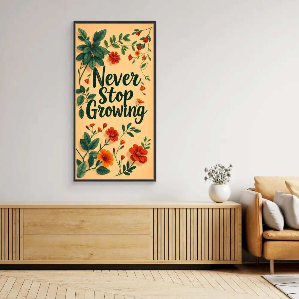 Framed motivational wall art featuring ’Never Stop Growing’ text surrounded by floral and botanical designs.