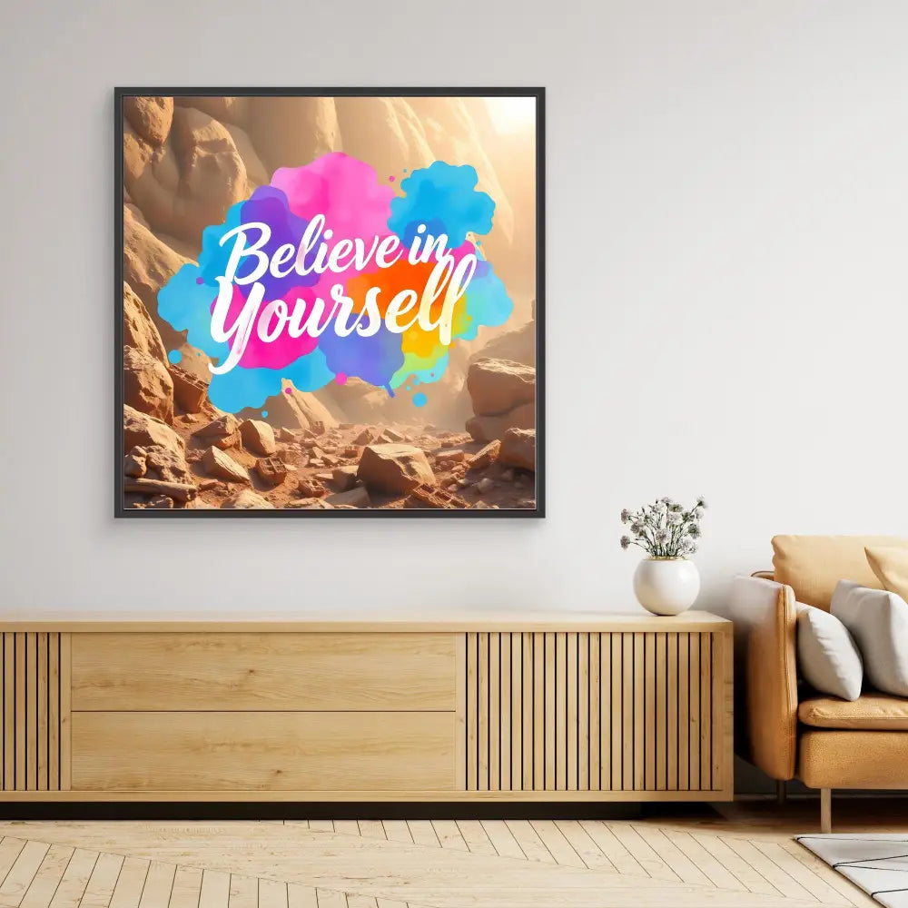 Framed motivational wall art featuring ’Believe in Yourself’ text on a blue splash against clouds.