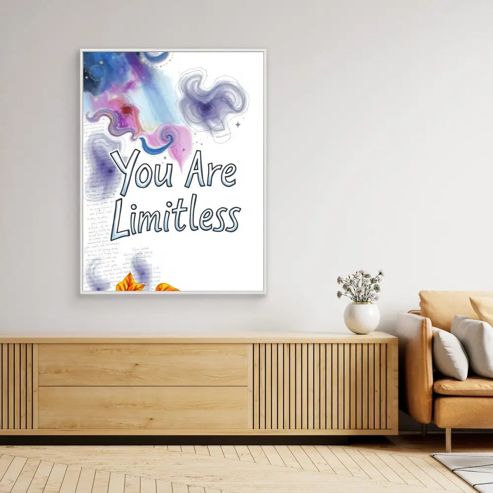 Framed motivational wall art featuring watercolor swirls and the text ’You Are Limitless’