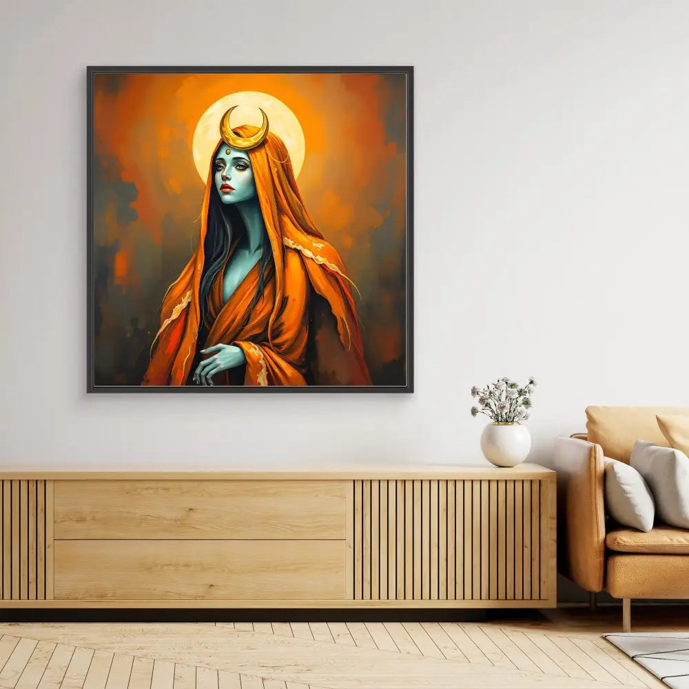 A framed mystical artwork depicting a horned figure with blue skin in orange robes against a glowing sun-like orb.