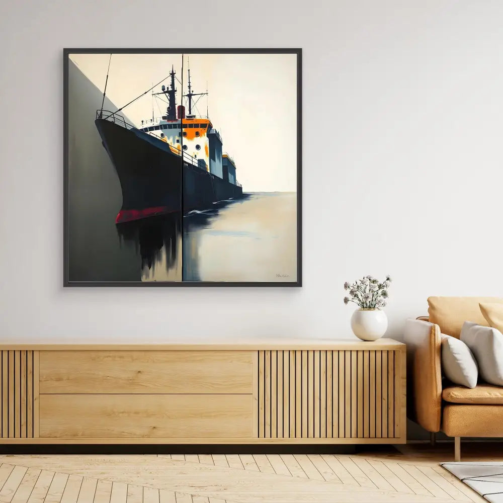 A framed nautical painting showing a cargo ship’s reflection in calm waters.