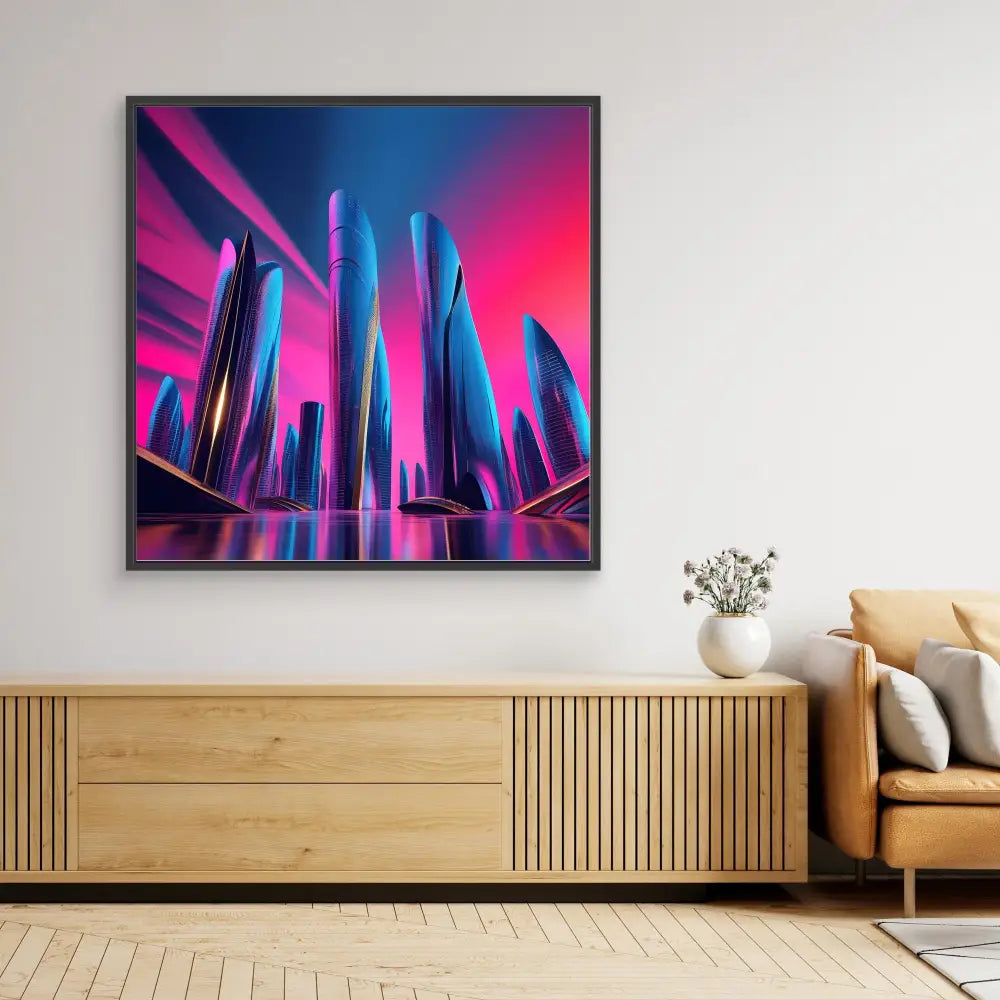 Framed neon-colored cityscape artwork featuring futuristic skyscrapers reflected in water.