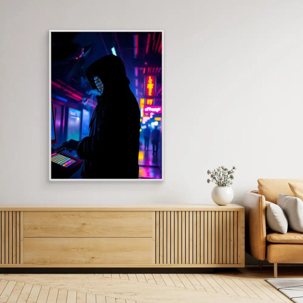 A framed neon-lit silhouette photograph mounted above a wooden credenza.