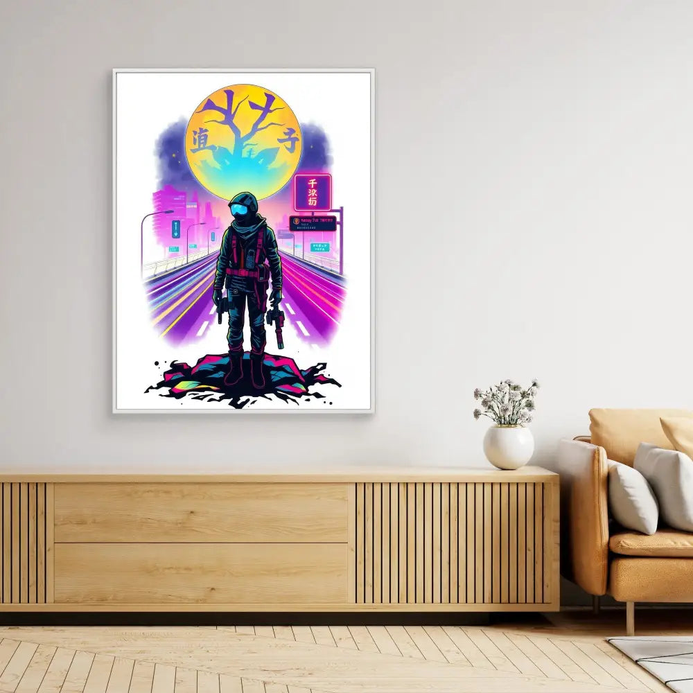 A framed neon-style artwork featuring an astronaut silhouette against a vibrant cityscape.