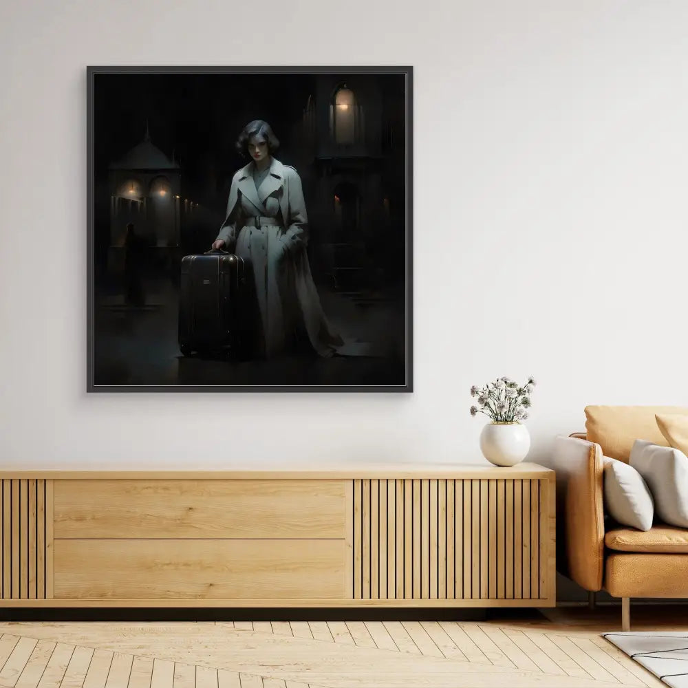 A framed noir-style photograph mounted above a wooden credenza.