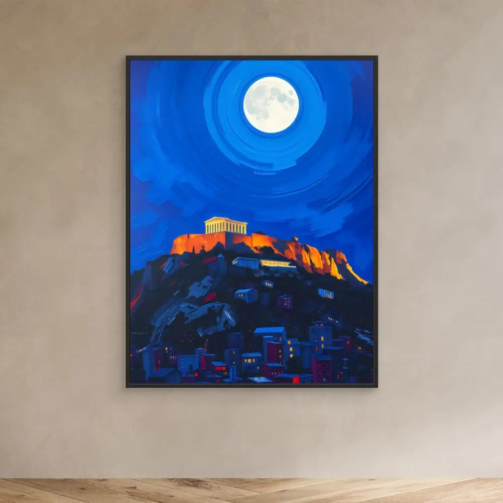 Framed painting of the Acropolis illuminated at night under a full moon.