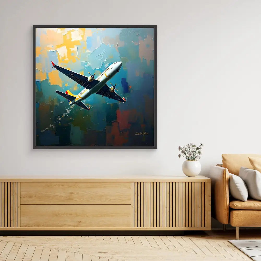 A framed painting of an airplane silhouetted against a colorful sky.