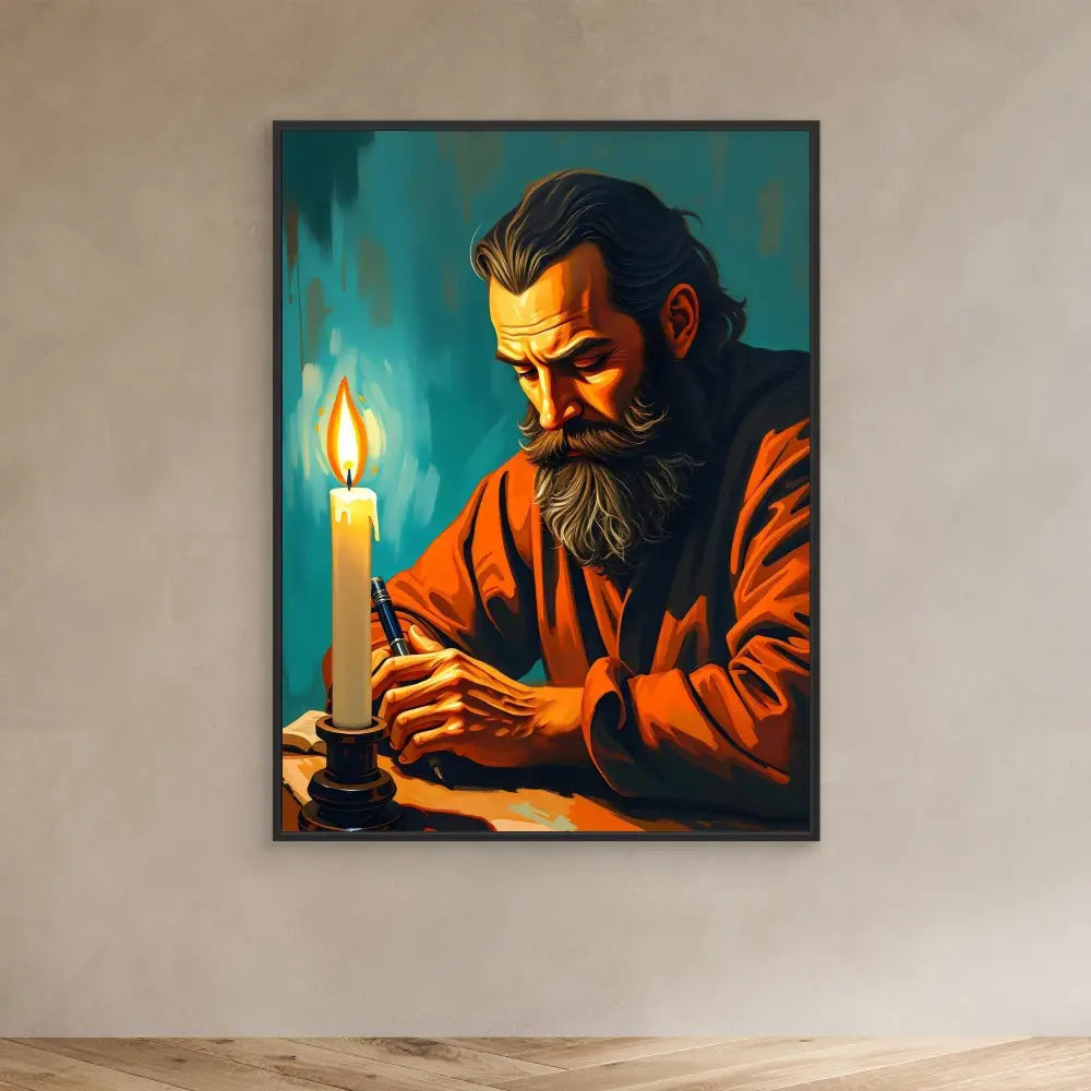 A framed painting of a bearded figure examining something by candlelight.