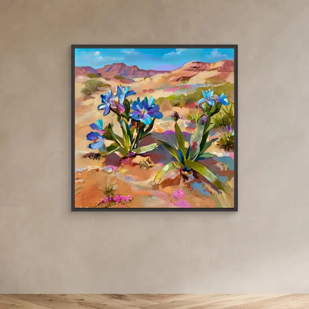 Framed painting of blue desert wildflowers blooming among red rock formations.