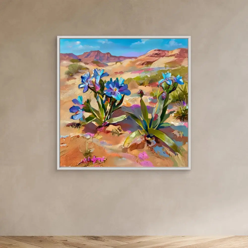 Framed painting of blue desert wildflowers blooming among red rock formations.